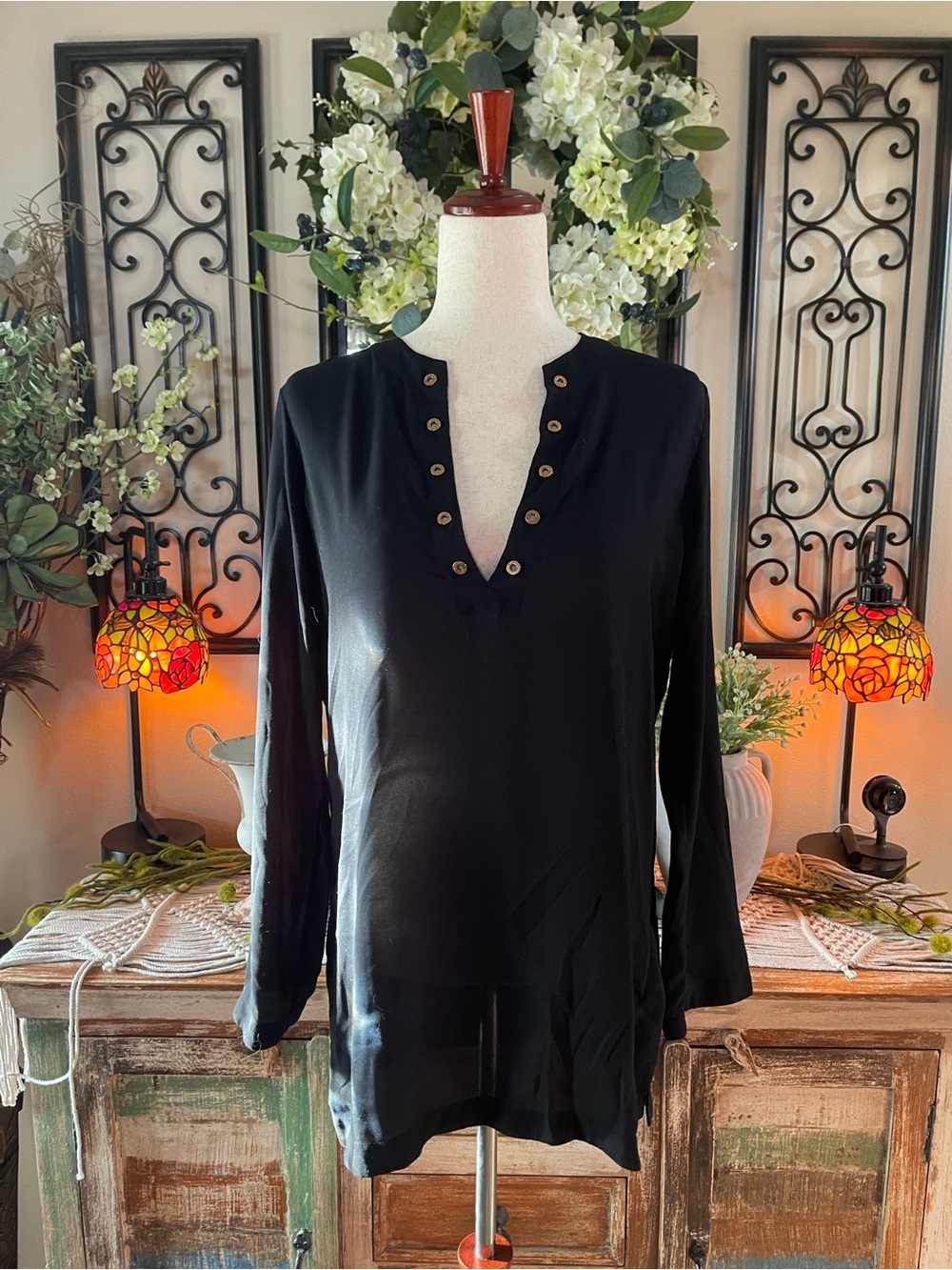 #Michael Kors Black Grommet V-Neck Blouse.